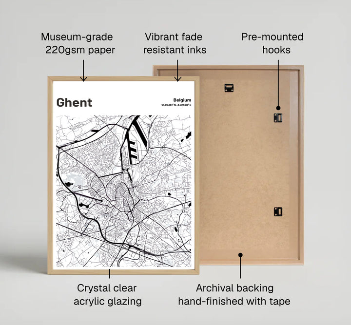 Sleek black and white graphic city map poster representing the geography of Ghent, Belgium. Offered by MapYourDreams, this artwork is available in flexible options including unframed paper, custom wooden frames, and gallery canvas wraps.