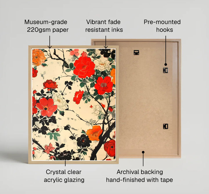 Vintage Edo period Japanese floral poster by artist Katsushika Hokusai showing red camellias and orange peonies from Kyoto art archives. Available as unframed prints, gallery canvas, or framed wall decor at MapYourDreams.