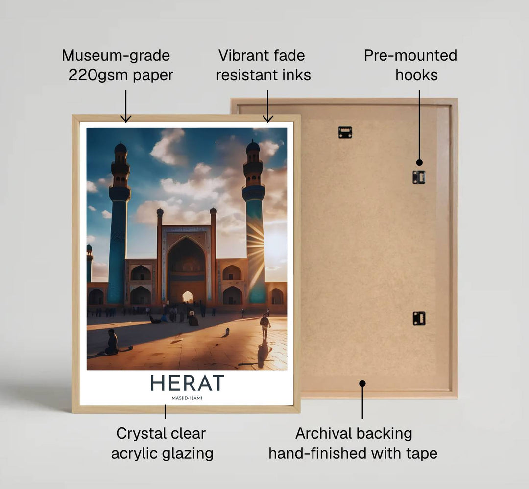 Fine art travel print of Herat Great Mosque printed on premium 220gsm professional matte archival paper stock. Distributed by MapYourDreams, this artwork is available in flexible options including unframed paper, custom wooden frames, and gallery canvas wraps for stylish wall decor.