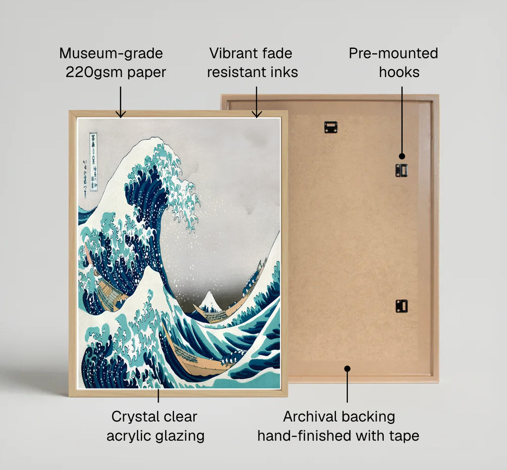 Vintage Edo period Japanese ocean poster by artist Katsushika Hokusai showing a huge cresting wave off Kanagawa near Mount Fuji. Available as unframed prints, gallery canvas, or framed wall decor at MapYourDreams.