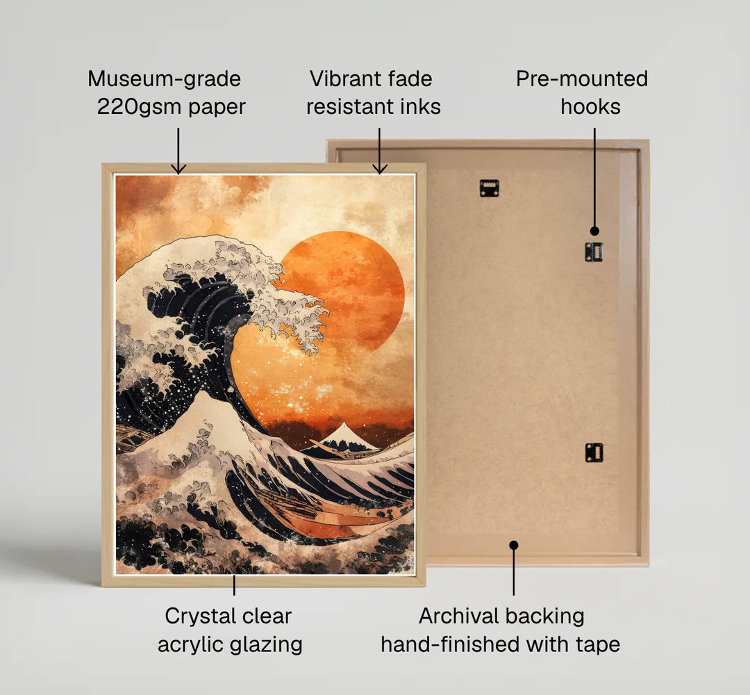 Detailed Japanese woodblock print by artist Katsushika Hokusai of dark waves facing a golden sunset sky and Mount Fuji off Kanagawa. MapYourDreams offers fine art framed, unframed, and canvas print options.