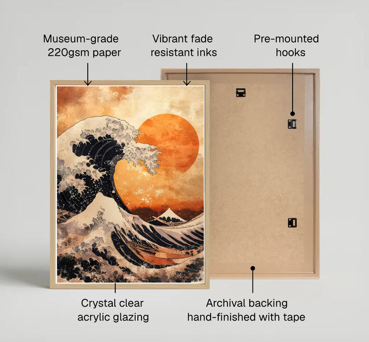 Detailed Japanese woodblock print by artist Katsushika Hokusai of dark waves facing a golden sunset sky and Mount Fuji off Kanagawa. MapYourDreams offers fine art framed, unframed, and canvas print options.