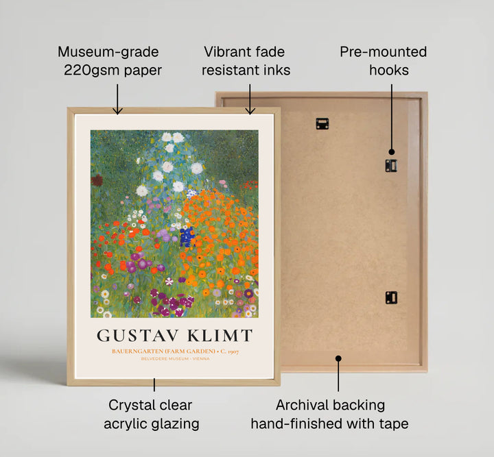 Fine art wall decor print of Gustav Klimt Bauerngarten Farm Garden 1907 depicting a dense flowering landscape in Vienna, Austria. MapYourDreams supplies custom framed paper prints, unframed posters, and gallery stretched canvas art suitable for vibrant interior design concepts.