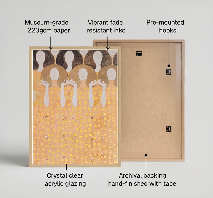 Historical Austrian exhibition print of Gustav Klimt Beethoven Frieze Secession Building Vienna 1902 featuring gilded choir figures from Vienna, Austria. Choose custom framed wall art, unframed paper poster prints, or gallery canvas formats at MapYourDreams for a modern gallery wall setup.