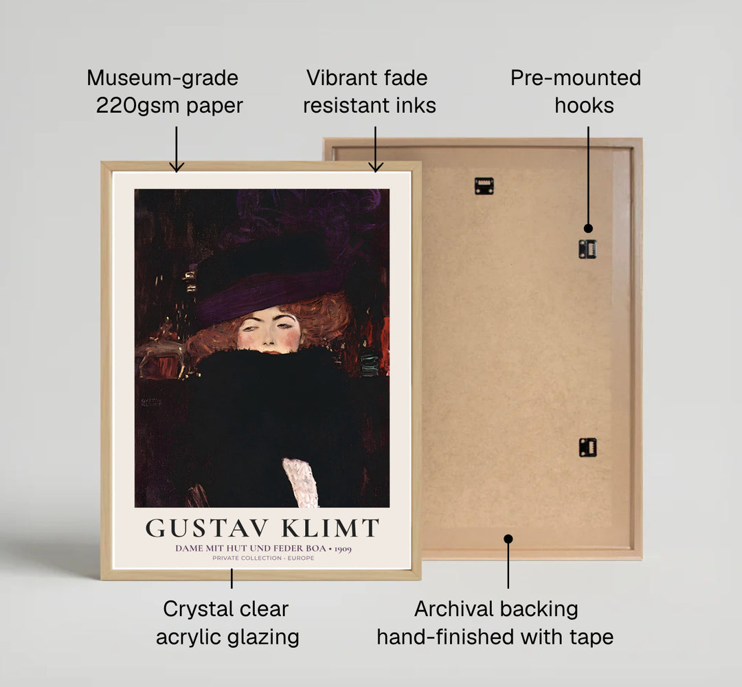 Historical European exhibition poster of Gustav Klimt Dame Mit Hut Und Federboa 1909 featuring mysterious portrait artwork from Europe. Choose custom framed wall art, unframed paper poster prints, or gallery canvas formats at MapYourDreams for a modern gallery wall setup.