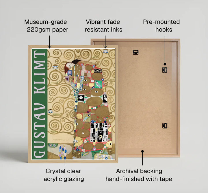 Fine art wall decor poster of Gustav Klimt Fulfillment Die Erfullung 1909 depicting stylized geometric robes from the Stoclet Palace in Brussels Belgium. MapYourDreams supplies custom framed paper prints, unframed wall posters, and gallery stretched canvas art suitable for artistic interior design concepts.