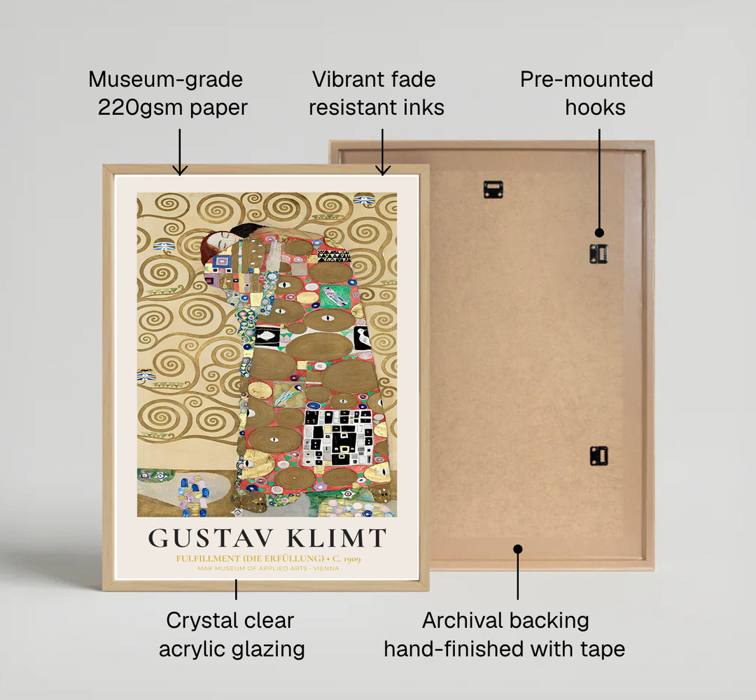 Scenic golden mosaic poster print of Gustav Klimt Fulfillment Die Erfüllung 1909 originally created for the Palais Stoclet in Brussels Belgium. MapYourDreams features high-quality framed wall decor, unframed poster prints, and stretched canvas options designed for warm dining room interiors.