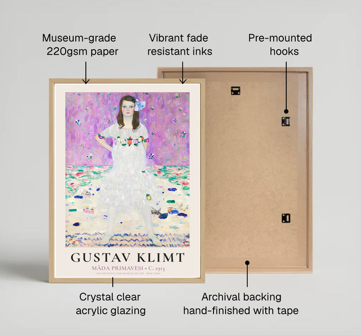 Pastel floral portrait poster print of Gustav Klimt Mada Primavesi 1913 originally housed at The Metropolitan Museum of Art in New York. MapYourDreams features high-quality framed wall decor, unframed poster prints, and stretched canvas options designed for bright living room interiors.