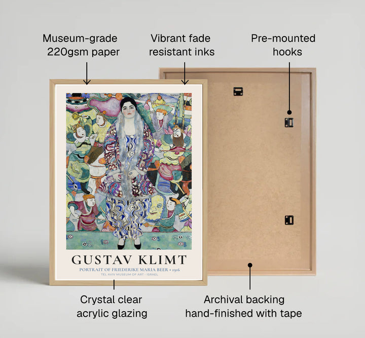 Fashion history wall decor poster of Gustav Klimt Portrait Of Friederike Maria Beer 1916 showcasing vivid blue and purple silk motifs from Tel Aviv Museum of Art in Israel. MapYourDreams supplies custom framed paper prints, unframed wall posters, and gallery stretched canvas art for modern rooms.