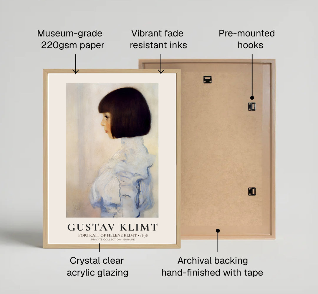 Museum quality fine art poster of Gustav Klimt Portrait Of Helene Klimt 1898 detailing soft pale blue and cream tones from a Private Collection in Europe. MapYourDreams provides premium framed prints, unframed paper wall poster decor, and stretched canvas choices for classic home interiors.