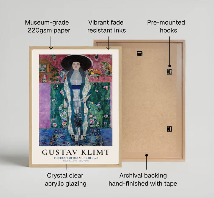 Historical European floral artwork of Gustav Klimt Portrait Of Ria Munk III 1918 from Neue Galerie New York with bottom museum exhibition typography. Select custom framed wall art, unframed paper poster prints, or gallery canvas formats at MapYourDreams for an elegant wall layout.