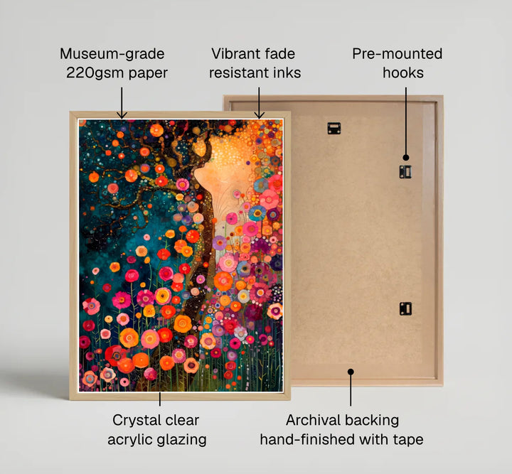 Fine art floral meadow wall decor poster of Gustav Klimt Style Dream Of Flowers showcasing rich magenta, orange, and teal contrast. MapYourDreams supplies custom framed paper prints, unframed wall posters, and gallery stretched canvas art suitable for modern home interiors.