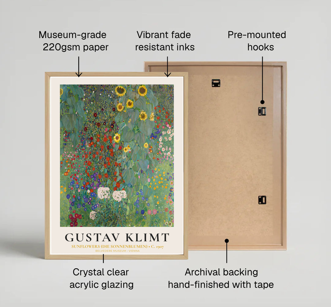 Archival fine art floral print of Gustav Klimt Sunflowers Die Sonnenblumen 1907 displayed at Belvedere Museum Vienna showcasing rich garden textures. MapYourDreams features quality framed wall decor, unframed poster prints, and stretched canvas options designed for dining rooms and offices.
