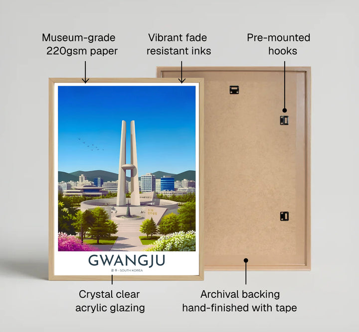 High-detail travel print featuring the May 18 Memorial Park in Gwangju, South Korea, with its signature towering monument, sunken plaza, green hills, and city skyline. Offered by MapYourDreams, this artwork is available in flexible options including unframed paper, custom wooden frames, and gallery canvas wraps.
