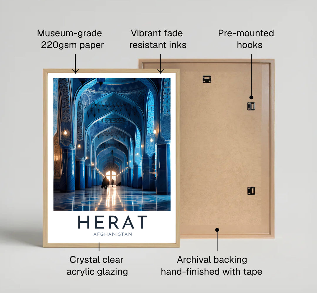 Detailed Herat Blue Mosque architecture poster rendered in rich turquoise and cobalt interior lighting, created by MapYourDreams as an unframed art print, stretched canvas wall decor, or custom framed wall print in pure gold and silver frames for living room walls.