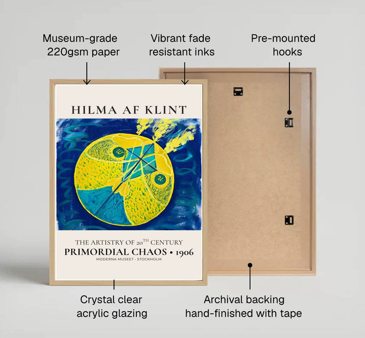 Showcasing a unique dialogue between esoteric planning and abstract color theory from Swedish museum collections, this captivating Primordial Chaos 1906 poster by Hilma af Klint transforms walls. Offered by MapYourDreams, this artwork is available in flexible options including unframed paper, custom wooden frames, and gallery canvas wraps.