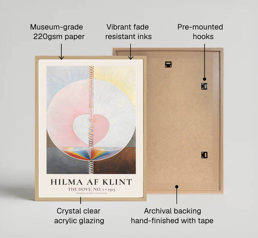 Showcasing a unique dialogue between esoteric planning and abstract color theory from Swedish museum collections, this captivating The Dove No 1 1915 poster by Hilma af Klint transforms walls. Offered by MapYourDreams, this artwork is available in flexible options including unframed paper, custom wooden frames, and gallery canvas wraps.