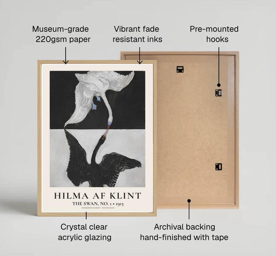 Showcasing a unique dialogue between esoteric planning and abstract color theory from Swedish museum collections, this captivating The Swan No 1 1915 poster by Hilma af Klint transforms walls. Offered by MapYourDreams, this artwork is available in flexible options including unframed paper, custom wooden frames, and gallery canvas wraps.