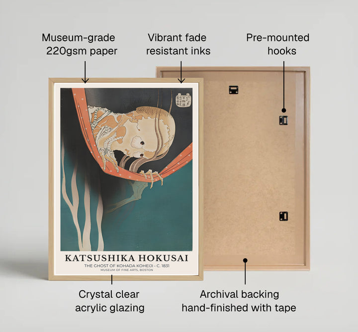 Vintage Edo period ghost woodblock poster of The Ghost of Kohada Koheiji by artist Katsushika Hokusai depicting a skeleton looking over a red net in Boston. Available as unframed prints, gallery canvas, or framed wall decor at MapYourDreams.