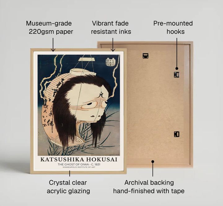 Detailed Japanese folklore print of The Ghost of Oiwa by artist Katsushika Hokusai showcasing a lantern spirit from a museum exhibit in Minneapolis. MapYourDreams offers fine art framed, unframed, and canvas print options.