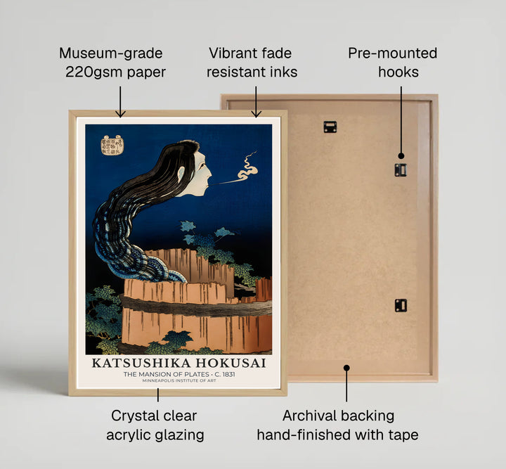 Detailed Japanese folklore print of The Mansion of Plates by artist Katsushika Hokusai showcasing a porcelain plate ghost in Minneapolis. MapYourDreams offers fine art framed, unframed, and canvas print options.