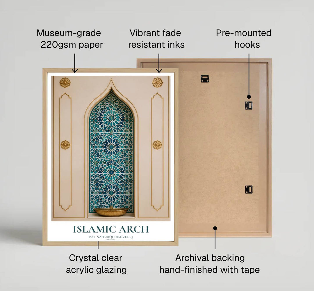 Fine art tilework photograph of an Islamic arch with turquoise zellij mosaic printed on premium 220gsm professional matte archival paper. Distributed by MapYourDreams, this artwork is available in flexible options including unframed paper, custom wooden frames, and gallery canvas wraps for stylish wall decor.