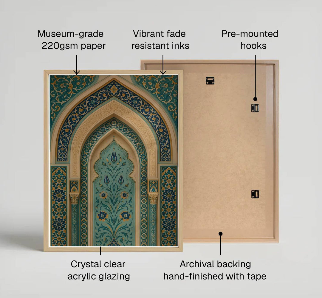 Fine art tilework photograph of an Islamic arch with turquoise Ottoman floral tile printed on premium 220gsm professional matte archival paper. Distributed by MapYourDreams, this artwork is available in flexible options including unframed paper, custom wooden frames, and gallery canvas wraps for stylish wall decor.