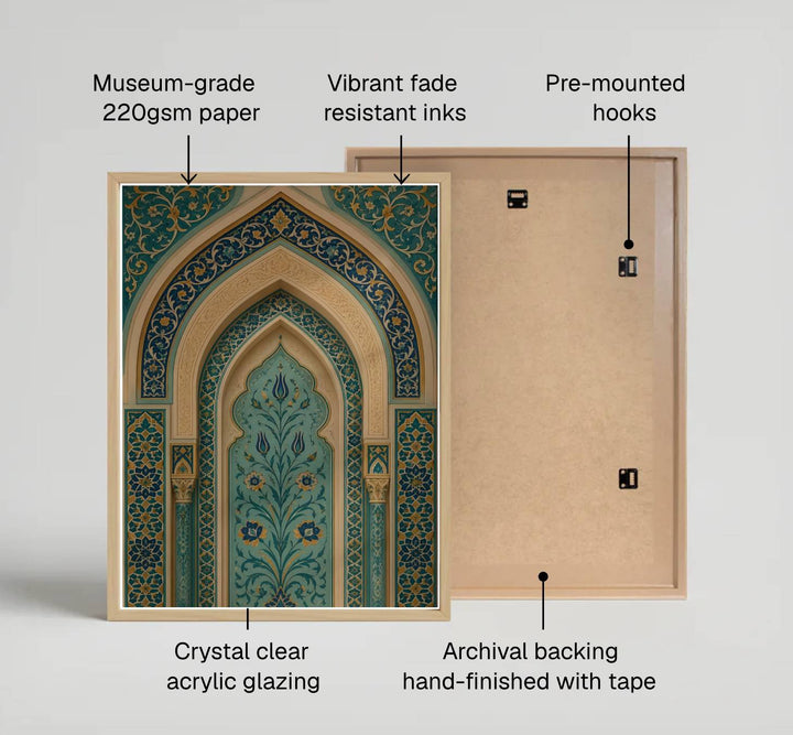 Fine art tilework photograph of an Islamic arch with turquoise Ottoman floral tile printed on premium 220gsm professional matte archival paper. Distributed by MapYourDreams, this artwork is available in flexible options including unframed paper, custom wooden frames, and gallery canvas wraps for stylish wall decor.