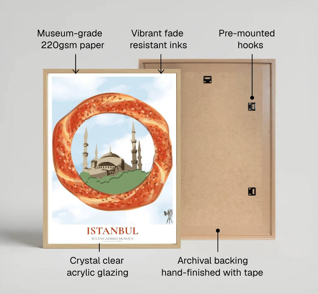 Architectural food art print of the sacred Sultan Ahmed Blue Mosque in Istanbul framed by a traditional sesame simit. Built by MapYourDreams, this artwork is available in flexible options including unframed paper, custom wooden frames, and gallery canvas wraps for modern apartment decor.
