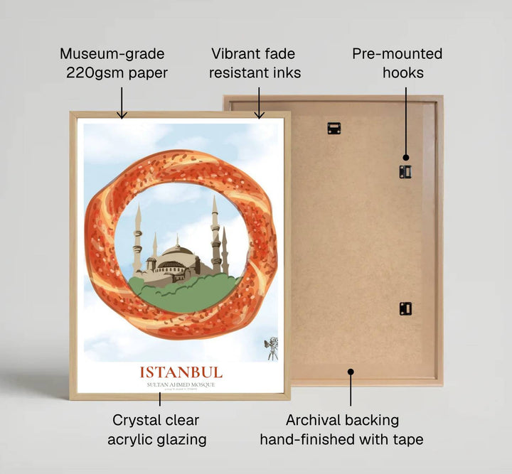 Architectural food art print of the sacred Sultan Ahmed Blue Mosque in Istanbul framed by a traditional sesame simit. Built by MapYourDreams, this artwork is available in flexible options including unframed paper, custom wooden frames, and gallery canvas wraps for modern apartment decor.