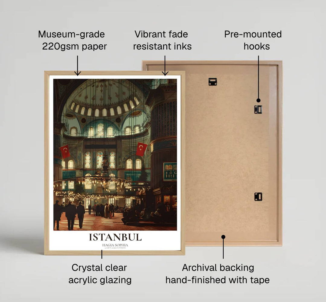 Fine art interior print of Istanbul Hagia Sophia printed on premium 220gsm professional matte archival paper stock. Distributed by MapYourDreams, this artwork is available in flexible options including unframed paper, custom wooden frames, and gallery canvas wraps for stylish wall decor.