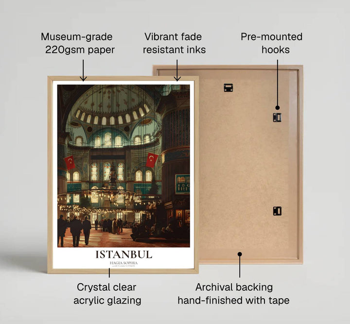 Fine art interior print of Istanbul Hagia Sophia printed on premium 220gsm professional matte archival paper stock. Distributed by MapYourDreams, this artwork is available in flexible options including unframed paper, custom wooden frames, and gallery canvas wraps for stylish wall decor.