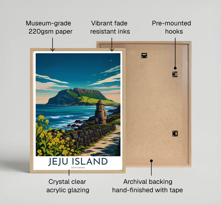Colorful South Korean travel poster of Jeju Island, displaying an elevated viewpoint over basalt coastal cliffs, ocean waves, and the green crater slopes of Seongsan Ilchulbong. Offered by MapYourDreams, this artwork is available in flexible options including unframed paper, custom wooden frames, and gallery canvas wraps.