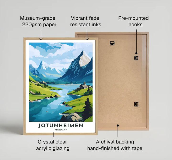 Tranquil Nordic mountain lake view in Jotunheimen Norway featuring rich greens, cobalt blues, and crisp alpine clouds. Ideal for modern home styling, this Scandinavian travel print is offered in your choice of classic unframed paper art, durable stretched canvas, or sophisticated framed artwork configurations.
