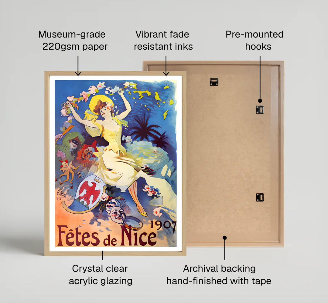 Vintage French Art Nouveau travel poster Fêtes De Nice by artist Jules Chéret showing blue skies over Nice France on the French Riviera. MapYourDreams offers custom fine art framed, unframed, and canvas print formats.