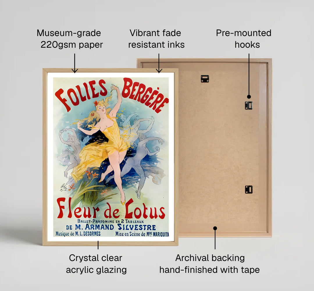 Historic French cabaret poster Folies Bergère Fleur De Lotus by artist Jules Chéret from 1893 showcasing lotus flowers set in Paris France. Select framed, unframed poster, or gallery canvas choices at MapYourDreams.