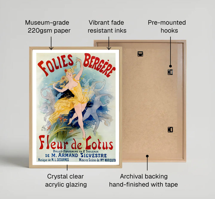 Historic French cabaret poster Folies Bergère Fleur De Lotus by artist Jules Chéret from 1893 showcasing lotus flowers set in Paris France. Select framed, unframed poster, or gallery canvas choices at MapYourDreams.