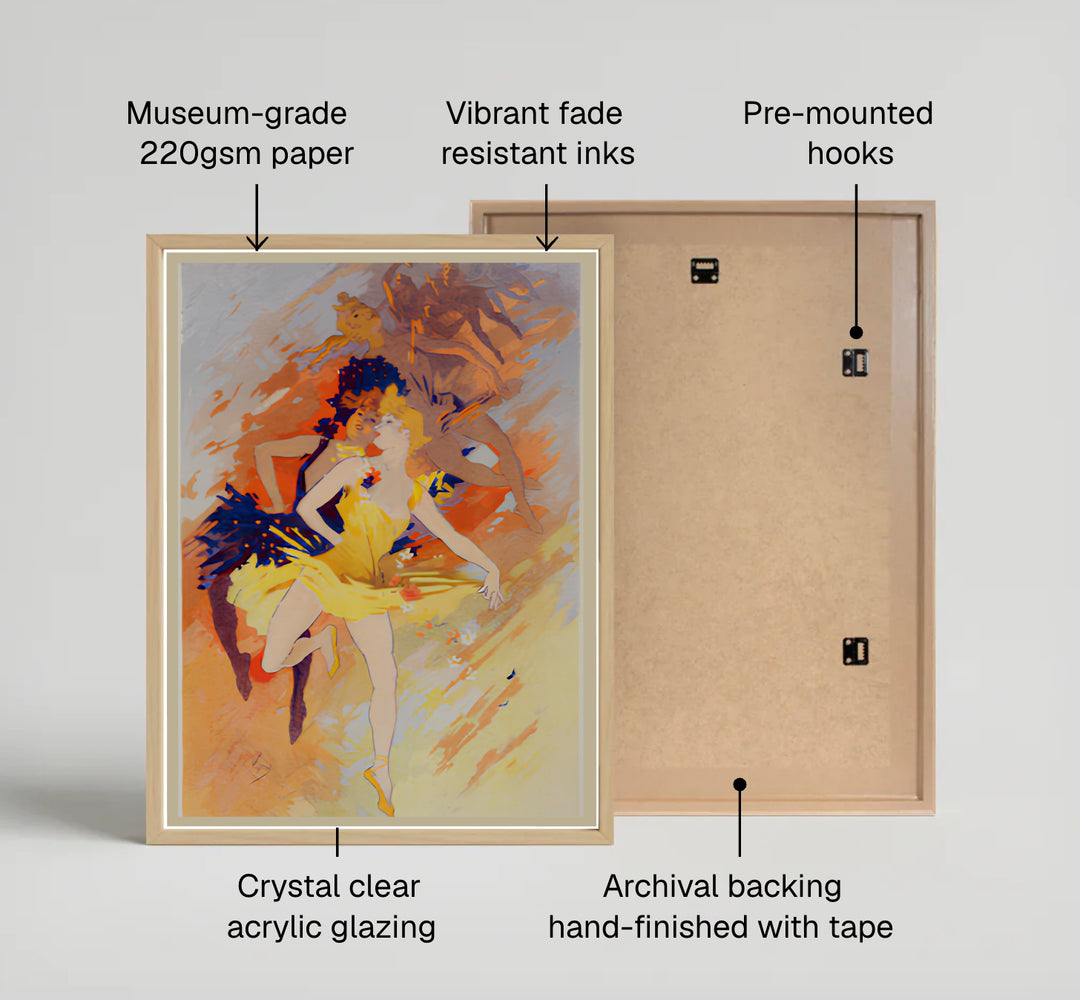 French vintage theater wall decor La Danse poster by artist Jules Chéret inspired by historic travel art in Paris France. Explore ready-to-hang framed, unframed paper, and gallery canvas wall decor at MapYourDreams.