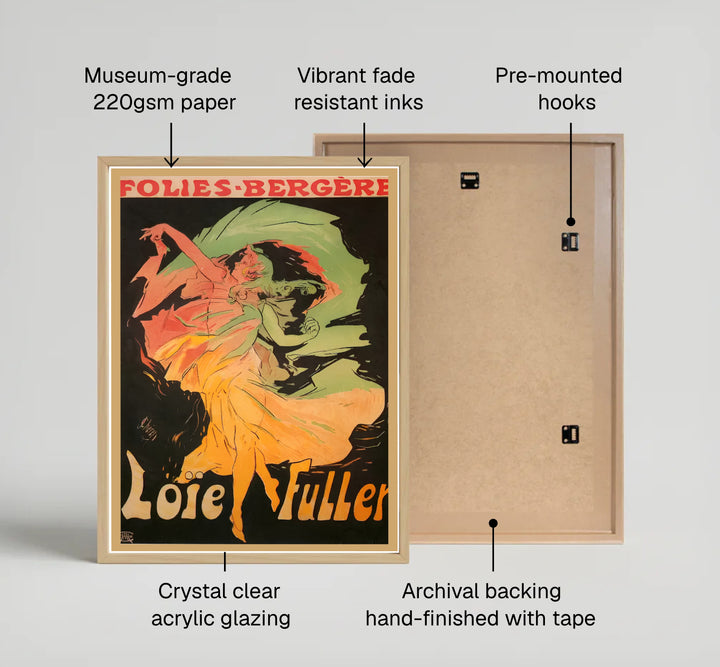 French travel and theater advertisement poster Loïe Fuller Folies Bergère by artist Jules Chéret depicting a Chérette figure in Paris France. MapYourDreams supplies framed, unframed, and canvas poster options for wall decor.
