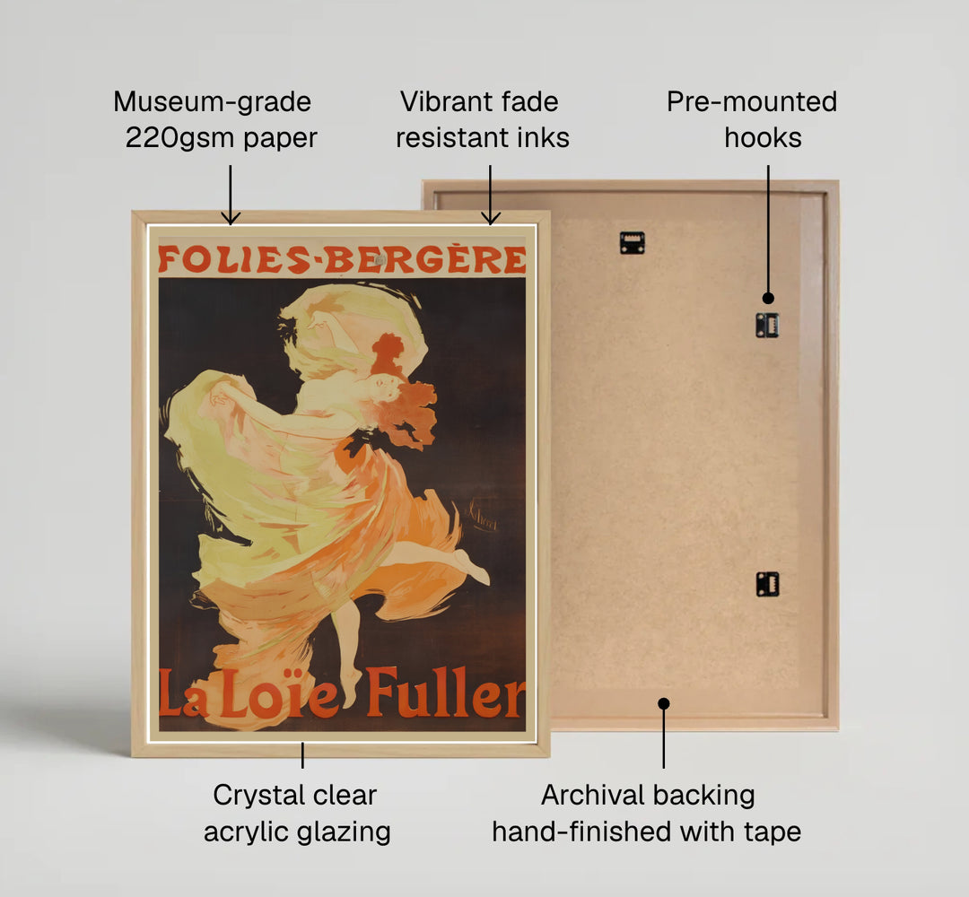 Vintage French Art Nouveau travel poster style print La Loïe Fuller Folies Bergère by artist Jules Chéret showing glowing silk drapery in Paris France. MapYourDreams offers custom fine art framed, unframed, and canvas print formats.