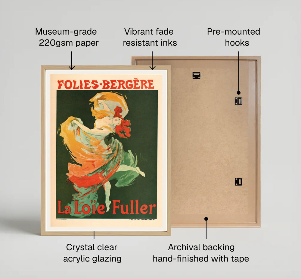 Classic Belle Époque theater print Folies Bergère La Loïe Fuller by artist Jules Chéret celebrating French cabaret in Paris France. Offered as unframed prints, gallery canvas, or framed wall decor at MapYourDreams.