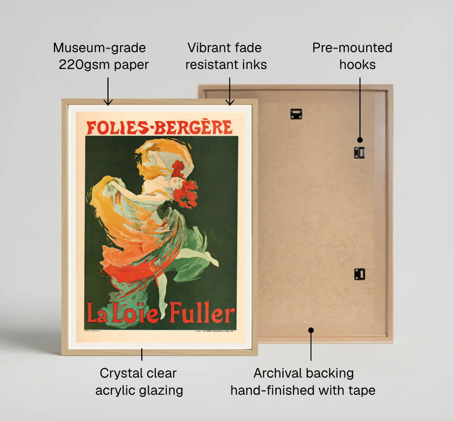 Classic Belle Époque theater print Folies Bergère La Loïe Fuller by artist Jules Chéret celebrating French cabaret in Paris France. Offered as unframed prints, gallery canvas, or framed wall decor at MapYourDreams.