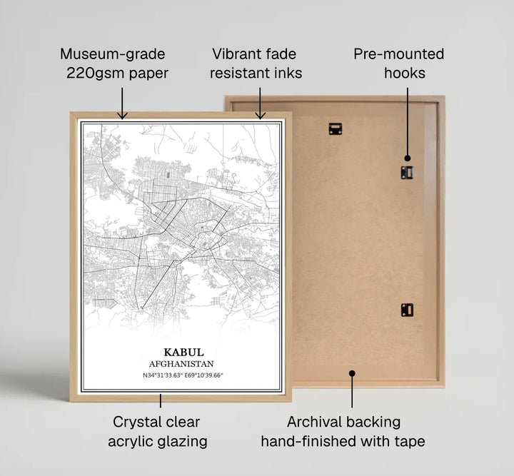 Detailed Kabul Afghanistan city street map poster rendered in sleek monochrome line art with coordinate details, created by MapYourDreams as an unframed art print, stretched canvas wall decor, or custom framed wall print in pure gold and silver frames for living room walls.