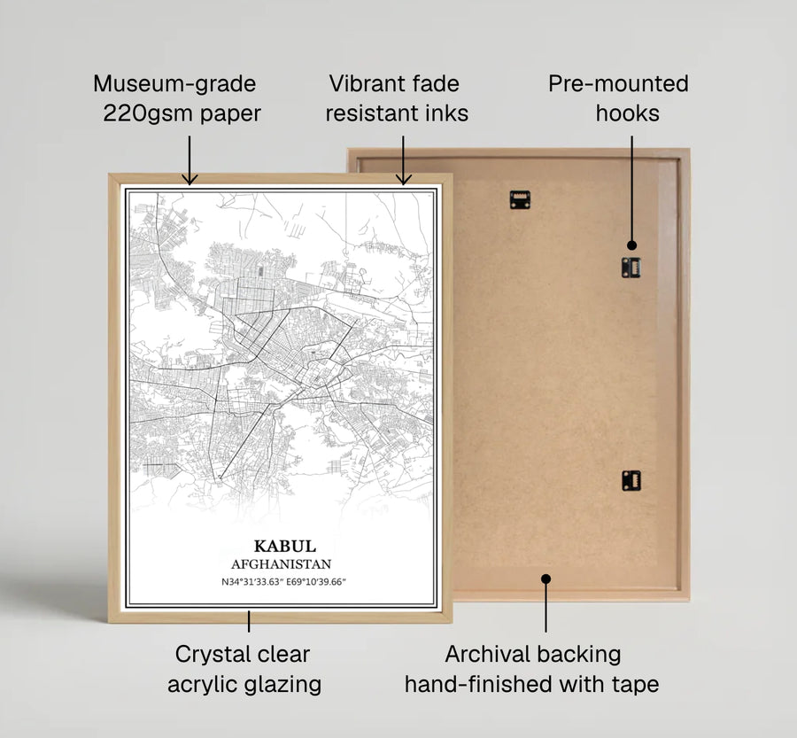 Detailed Kabul Afghanistan city street map poster rendered in sleek monochrome line art with coordinate details, created by MapYourDreams as an unframed art print, stretched canvas wall decor, or custom framed wall print in pure gold and silver frames for living room walls.