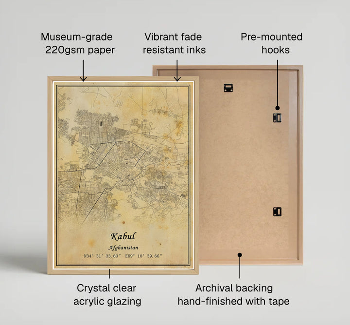 Detailed Kabul Afghanistan city street map poster rendered in warm vintage parchment tones with antique script details, created by MapYourDreams as an unframed art print, stretched canvas wall decor, or custom framed wall print in pure gold and silver frames for living room walls.