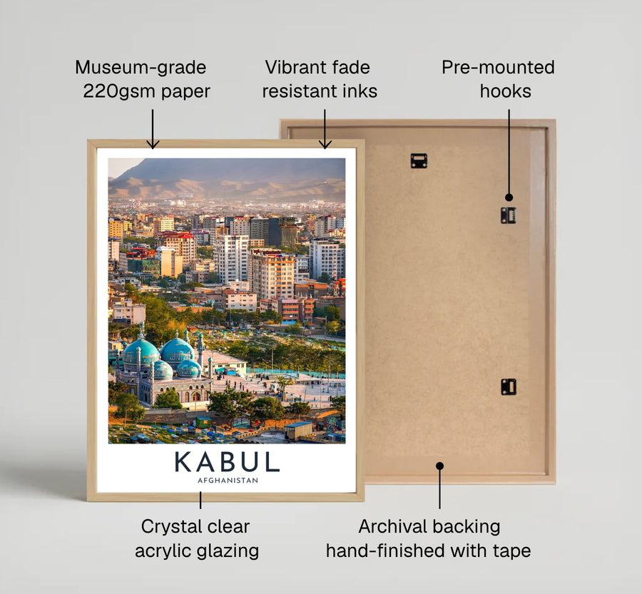 Cultural travel poster of Kabul Afghanistan highlighting the detailed turquoise minarets of Sakhi Shrine and city rooftops, crafted by MapYourDreams as an unframed art print, stretched canvas wall decor, or framed wall print in pure gold and silver frames for entryway gallery walls