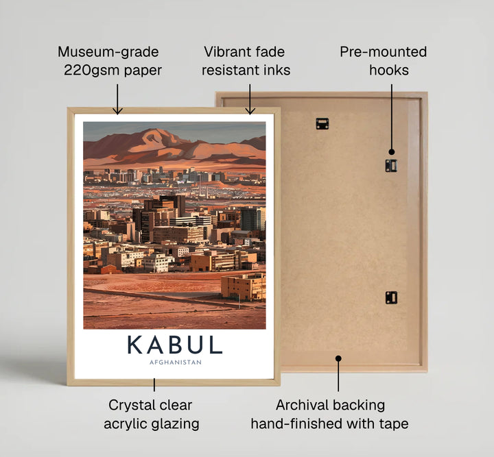 Modern gallery wall poster of Kabul Afghanistan featuring bold typography and warm desert city vistas, crafted by MapYourDreams as an unframed art print, stretched canvas wall decor, or framed wall print in pure gold and silver frames for entryway gallery walls.