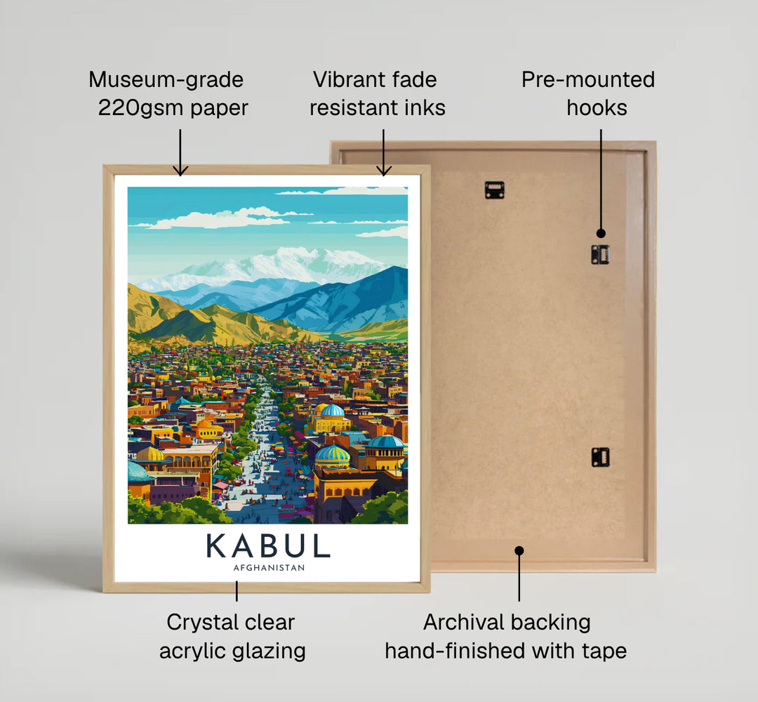 Nostalgic travel poster of Kabul Afghanistan featuring bold typography, green trees, and Hindu Kush mountain views, crafted by MapYourDreams as an unframed art print, stretched canvas wall decor, or framed wall print in pure gold and silver frames for entryway gallery wall layouts.