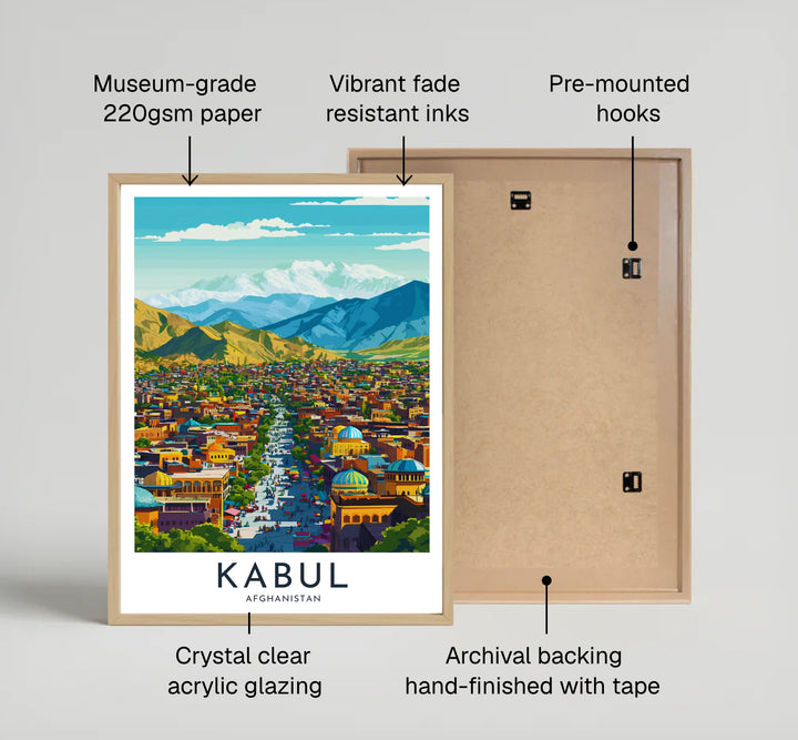 Nostalgic travel poster of Kabul Afghanistan featuring bold typography, green trees, and Hindu Kush mountain views, crafted by MapYourDreams as an unframed art print, stretched canvas wall decor, or framed wall print in pure gold and silver frames for entryway gallery wall layouts.