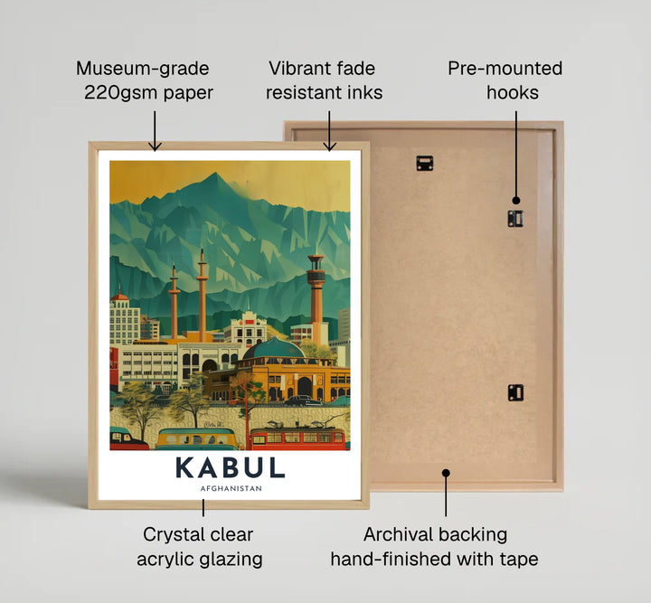 Fine art mid-century travel poster displaying the main avenues and distant mountain ranges of Kabul, Afghanistan. Provided by MapYourDreams as an unframed print, a stretched canvas wall art piece, or a custom framed print in a pure gold frame for executive desk setups and study rooms.